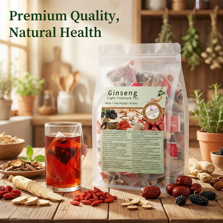 Premium Ginseng Five Treasure Herbal Tea product packaging
