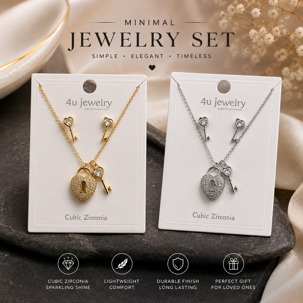 Heart Lock & Key Charm Set