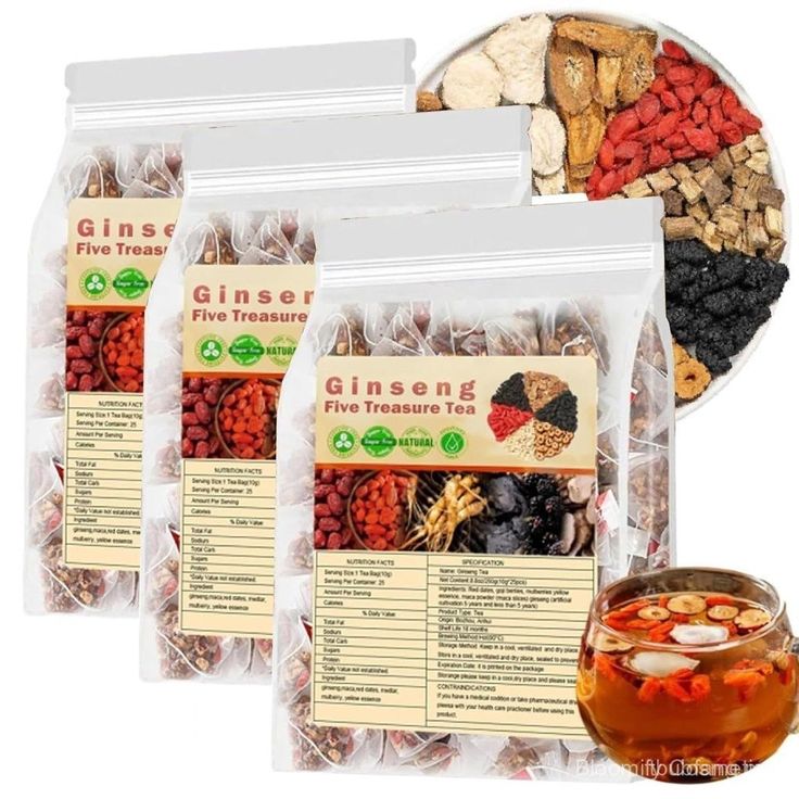 Five Treasure Herbal Tea ingredients with ginseng and red dates
